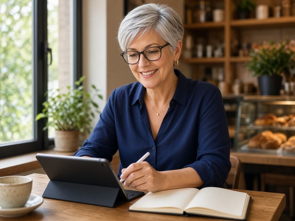 Bakery owner in her fifties planning on a tablet