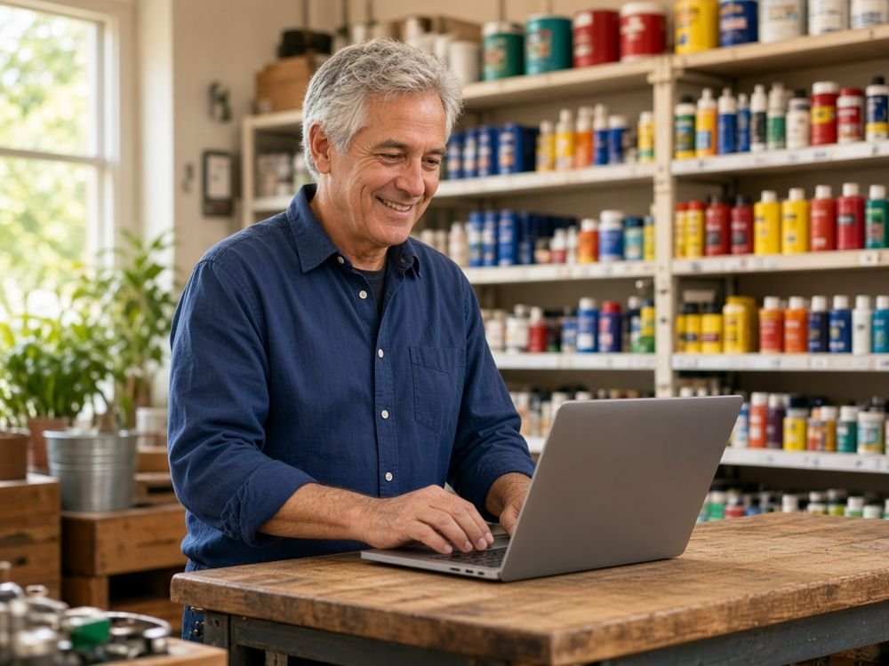 Business owner in his fifties working on a laptop in his store