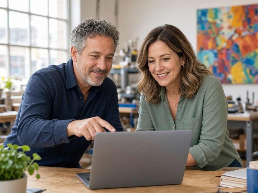Two business owners in their fifties reviewing a laptop together