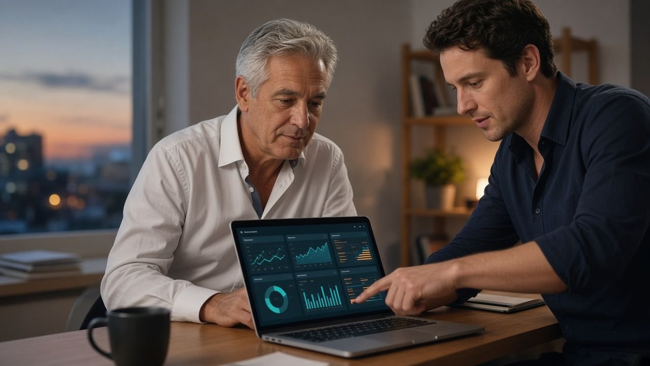 Business owner in his late fifties reviewing an AI security report on a laptop with a consultant