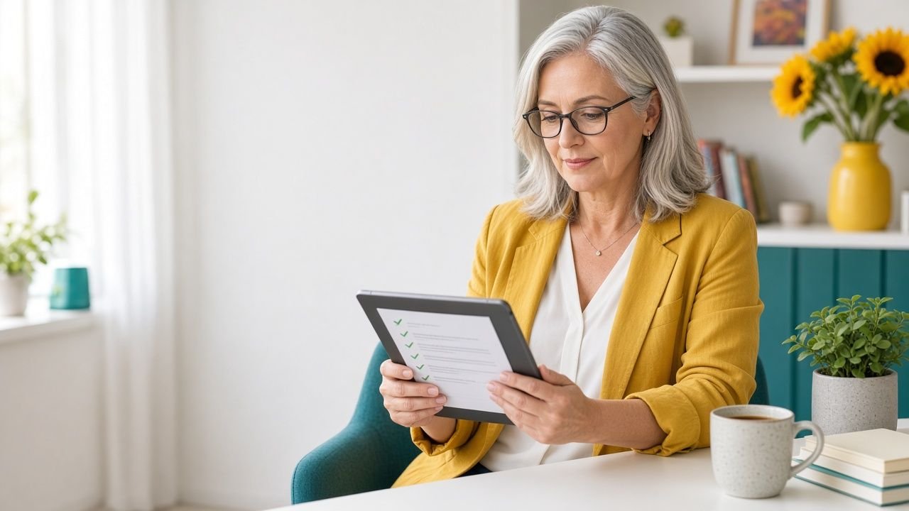 Business owner in her fifties reading a short monthly report on a tablet