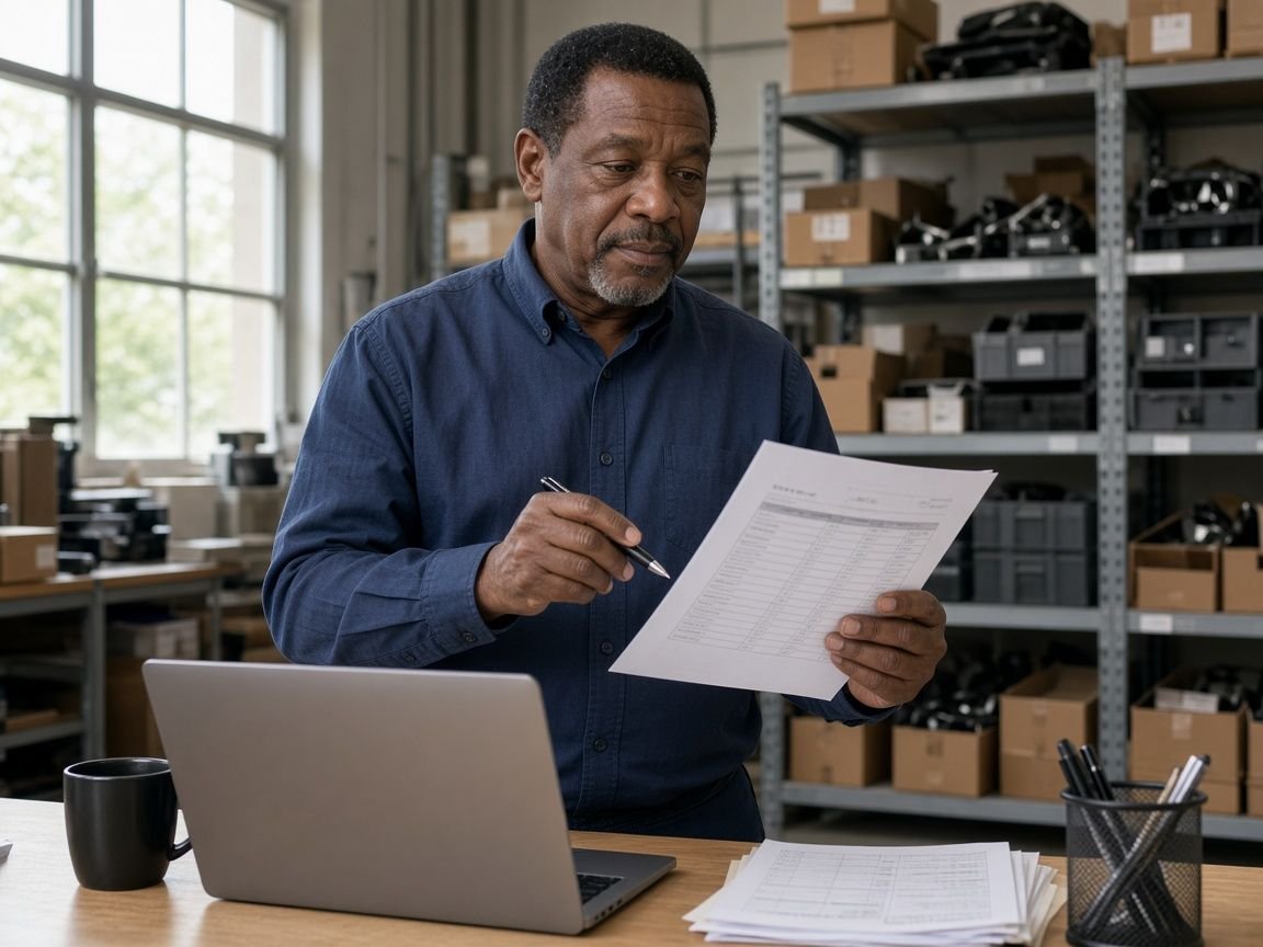 Business owner around sixty reviewing a printed checklist in his warehouse office
