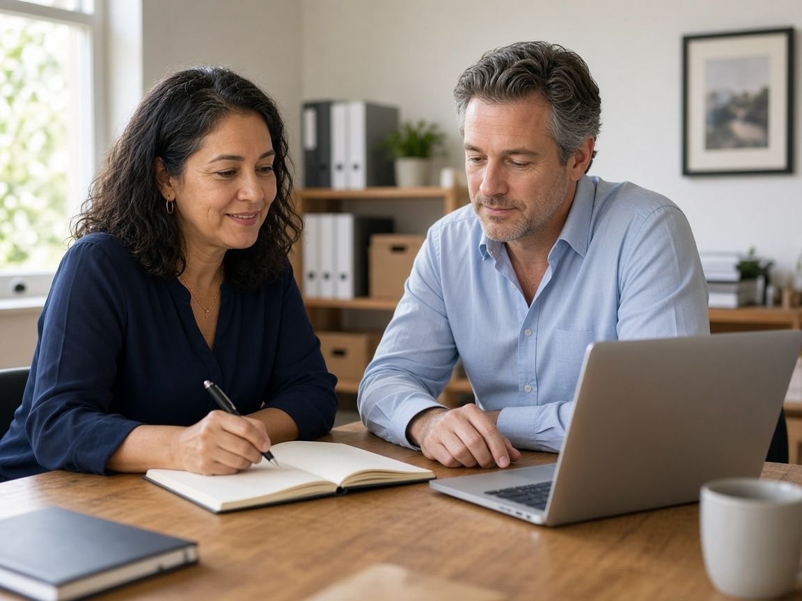 Two business partners in their fifties reviewing notes beside a laptop